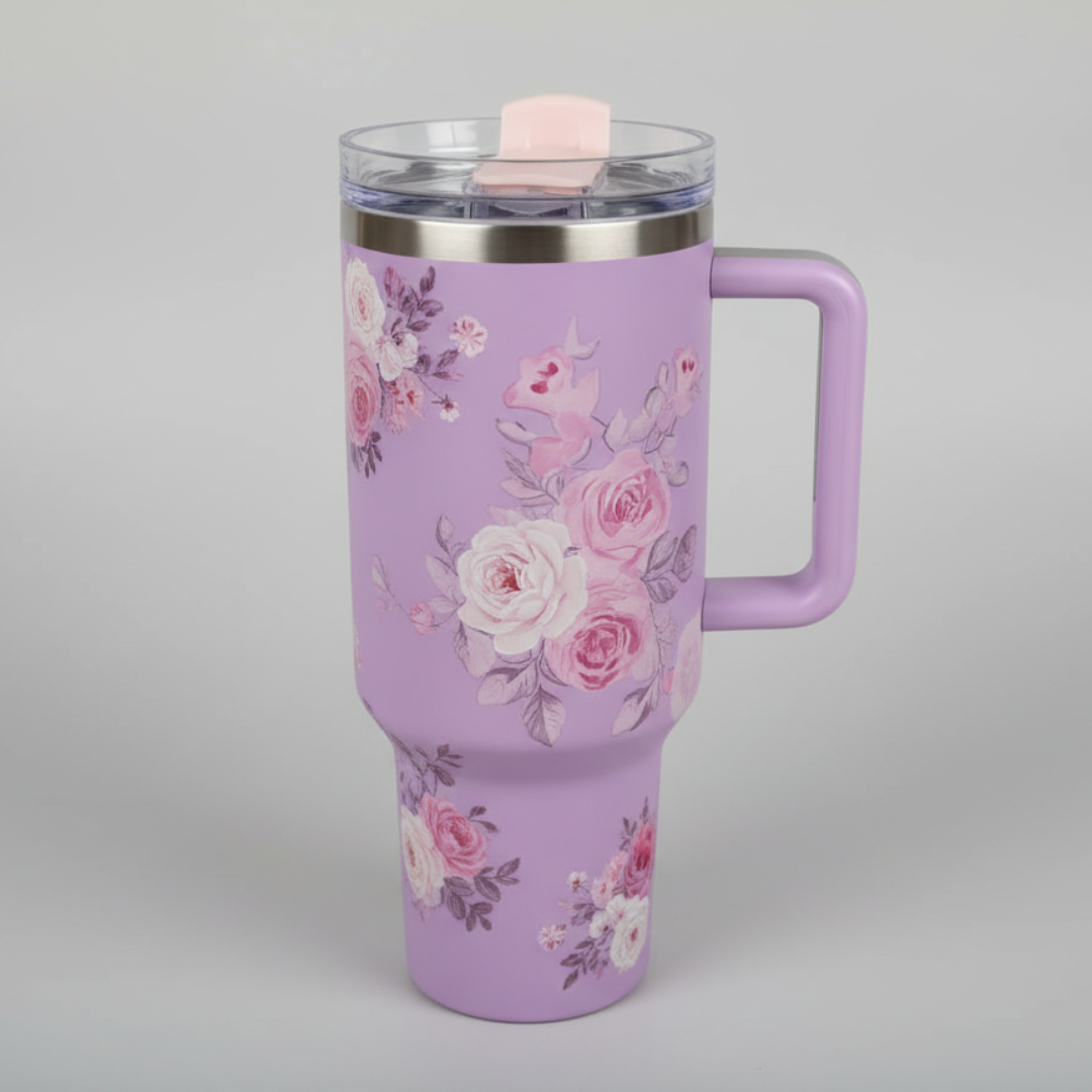 Flower-Themed 40 oz Insulated Tumblers with Straw & Handle
