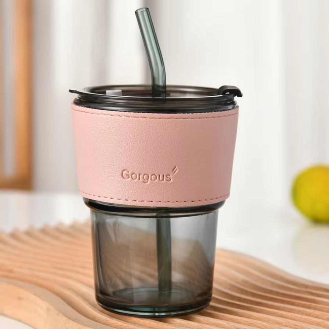 Transparent Round Glass Cup Tumbler with Lid and Straw Sleeve