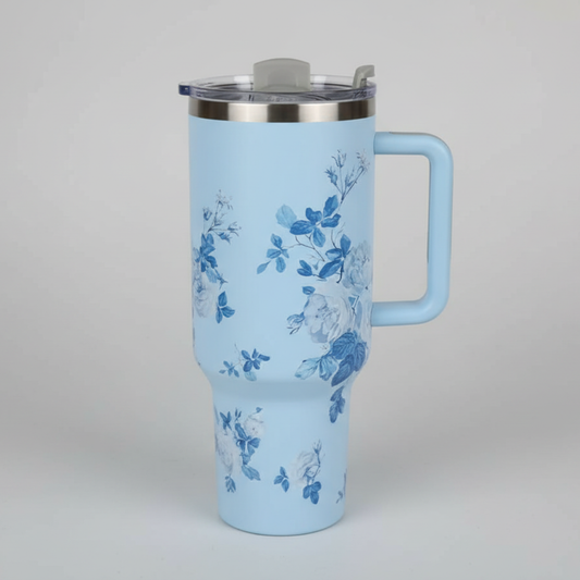 Flower-Themed 40 oz Insulated Tumblers with Straw & Handle