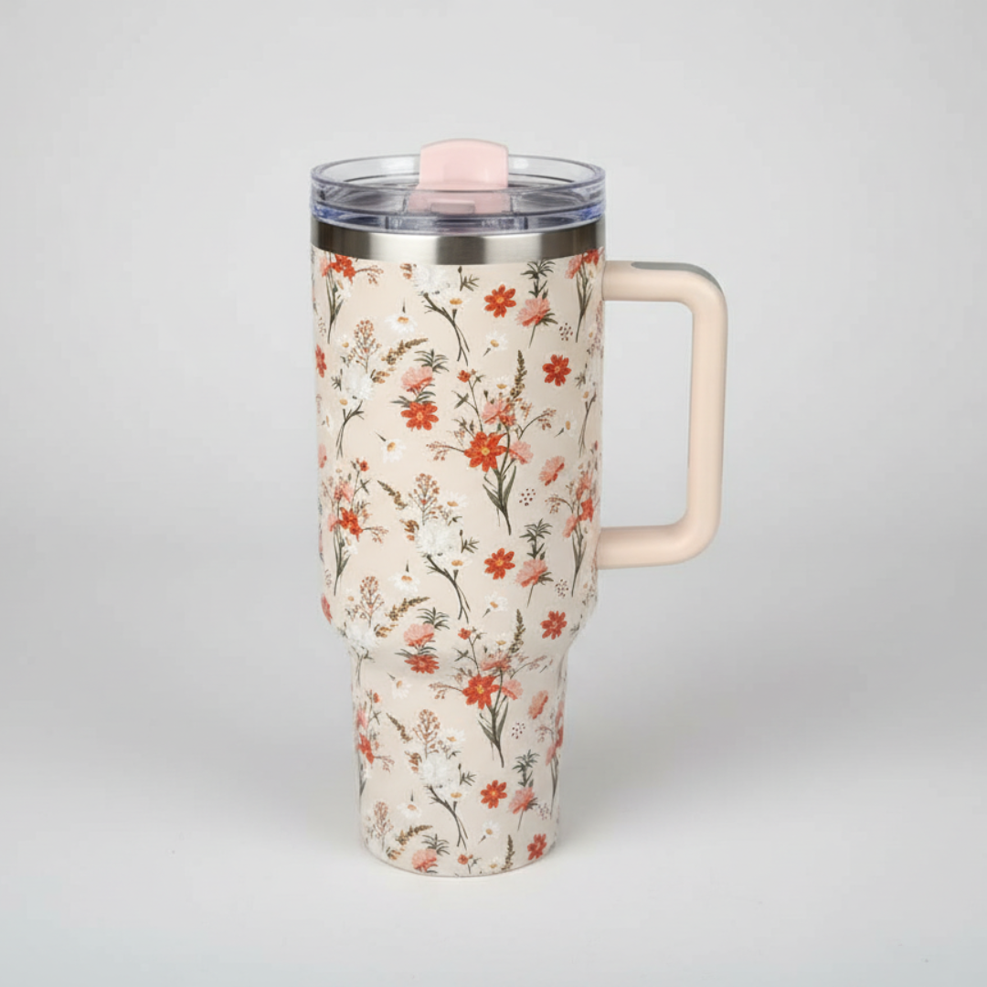 Flower-Themed 40 oz Insulated Tumblers with Straw & Handle