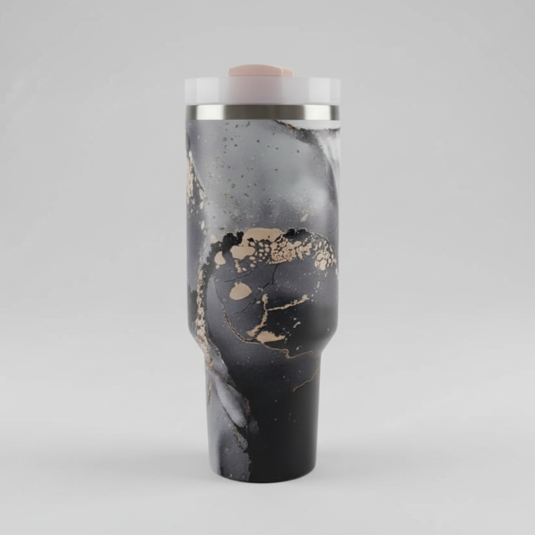 Marble-Themed 40 oz Insulated Tumblers with Straw & Handle