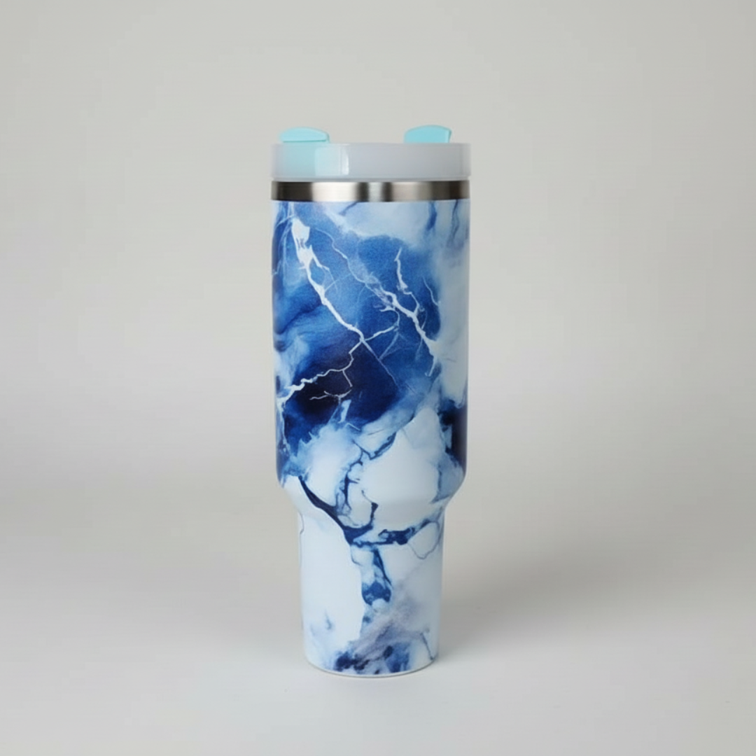 Marble-Themed 40 oz Insulated Tumblers with Straw & Handle
