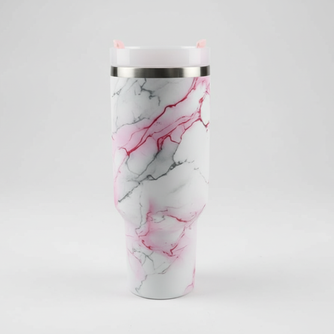 Marble-Themed 40 oz Insulated Tumblers with Straw & Handle