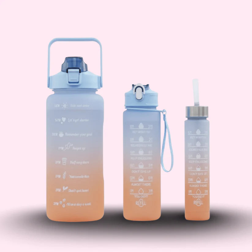 Set of 3 Motivational Water Bottles with Time Markers – BPA Free, Leakproof, Large & Portable