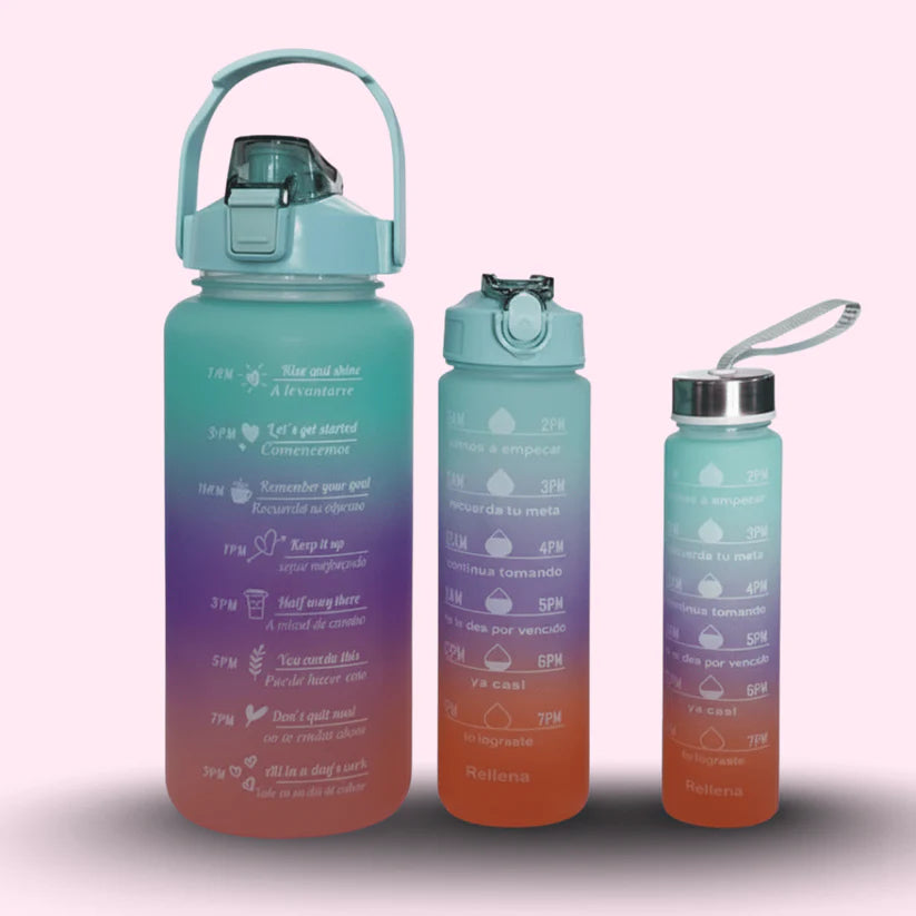 Set of 3 Motivational Water Bottles with Time Markers – BPA Free, Leakproof, Large & Portable